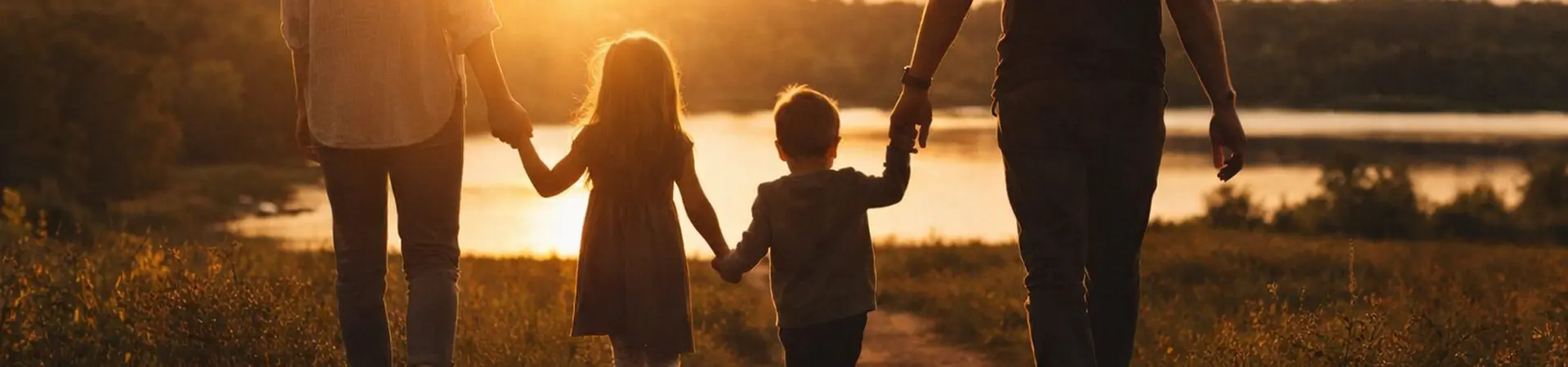 A family of four holding hands, walking towards a sunset by a lake, with trees in the background.