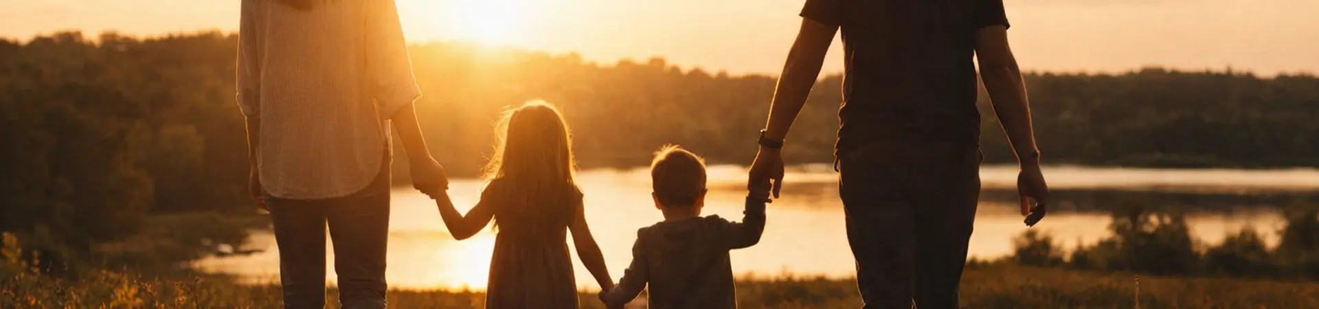 A family of four holding hands, walking towards a sunset by a lake, with trees in the background.