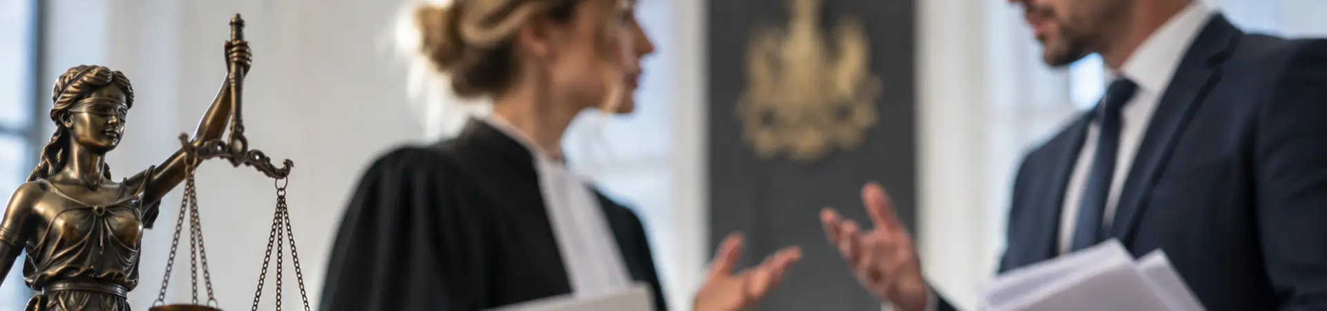 Scales of Justice, gavel, and legal documents on a table; two professionals in discussion in a courtroom setting.