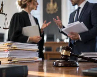 Scales of Justice, gavel, and legal documents on a table; two professionals in discussion in a courtroom setting.
