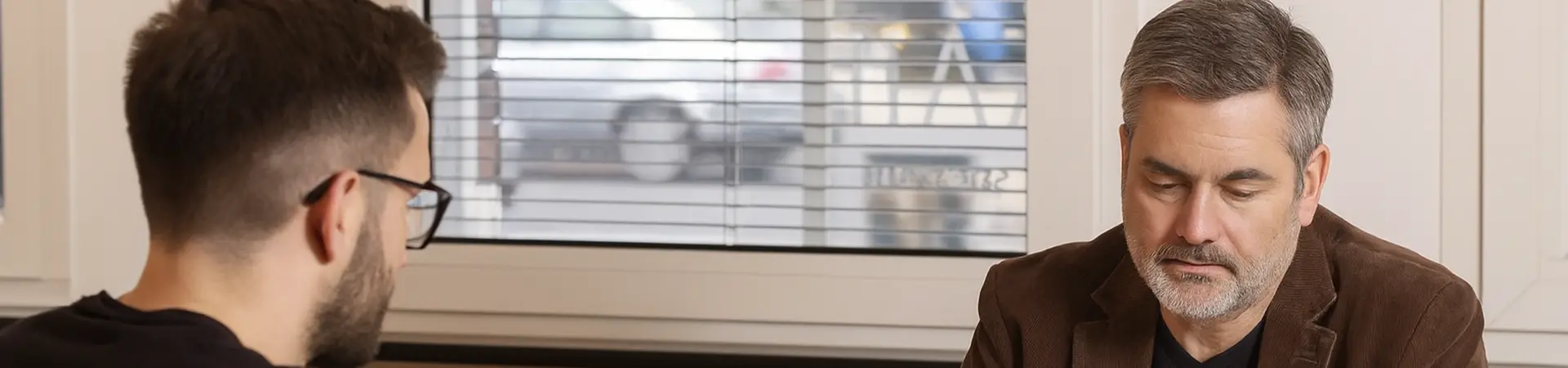 Middle-aged man in a brown jacket reviews papers across a desk from a younger man with glasses in an office.