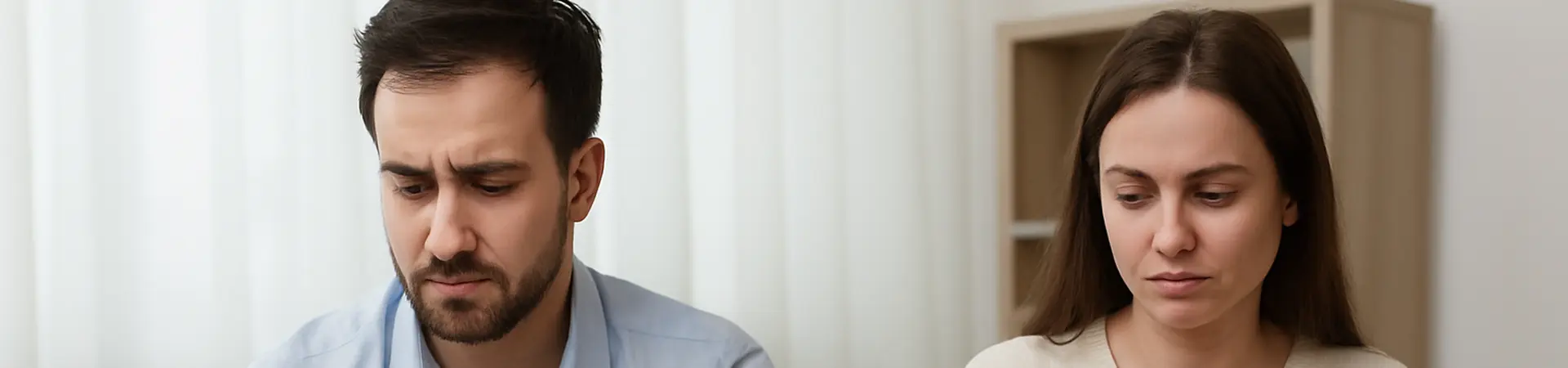 Man en vrouw zitten naast elkaar op bank, man houdt een gebroken hart vast.
