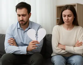 Man en vrouw zitten naast elkaar op bank, man houdt een gebroken hart vast.