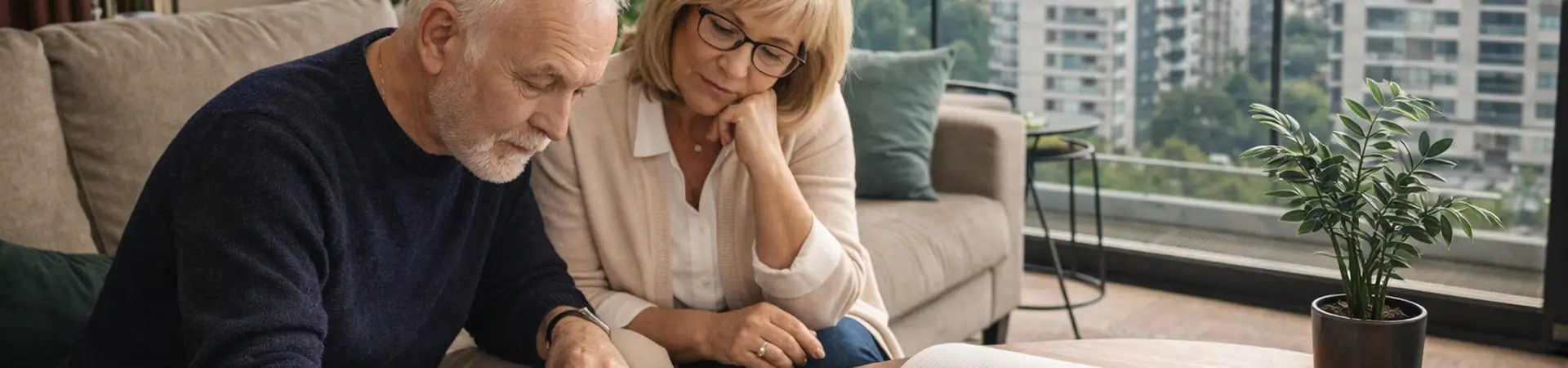 An elderly couple reviews documents at a table in a modern apartment, with a cityscape visible through large windows in the background.