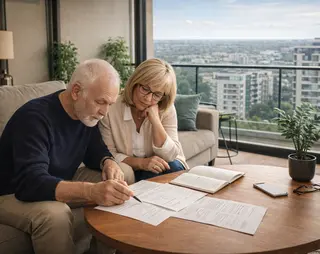 An elderly couple reviews documents at a table in a modern apartment, with a cityscape visible through large windows in the background.