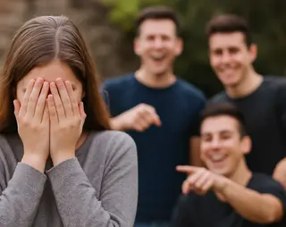 Meisje houdt handen voor haar gezicht, omdat jongens om haar lachen.