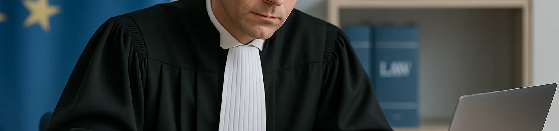 A judge in a black robe writes in a notebook at a desk with a laptop, gavel, law books, and an EU flag in the background.
