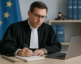 A judge in a black robe writes in a notebook at a desk with a laptop, gavel, law books, and an EU flag in the background.