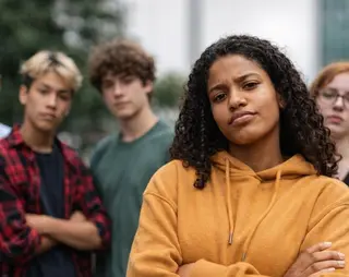 Five diverse young people stand outside, with a confident woman in a yellow hoodie at the forefront, all looking towards the camera.