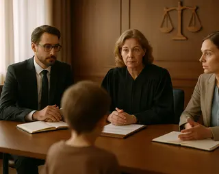 Mensen zitten aan tafel en bespreken de rechten van het kind dat ook aan tafel zit