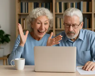 Twee ouderen mensen zitten achter een laptop