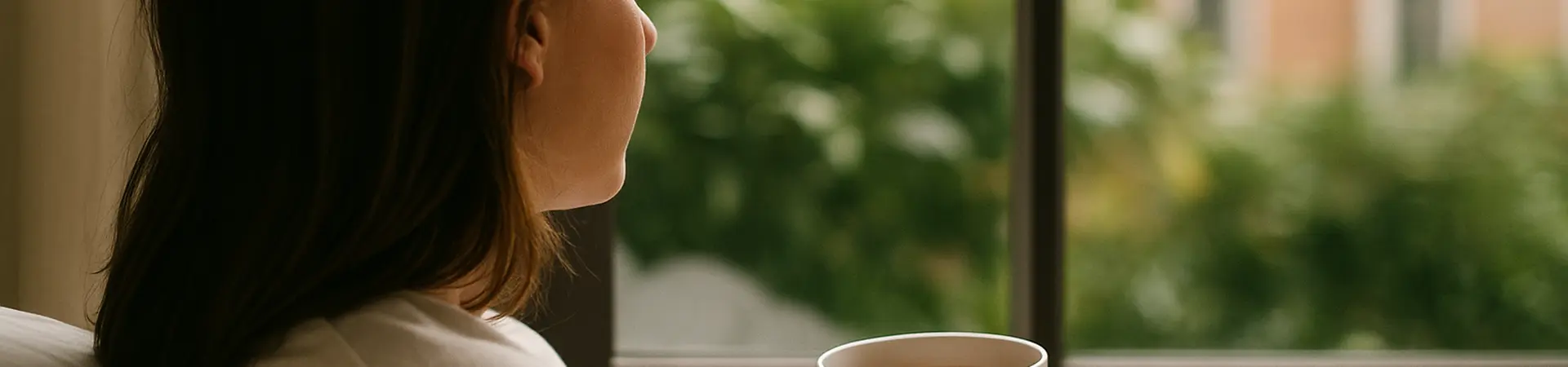 Vrouw ligt in bed met een kop thee en kijkt naar buiten