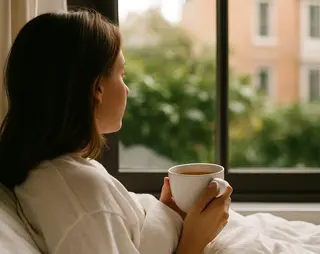 Vrouw ligt in bed met een kop thee en kijkt naar buiten