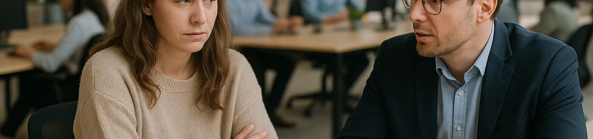Werkgever nodigt zieke werknemer uit voor een gesprek over terugkeer naar werk, zonder betrokkenheid van een arbodienst. De werknemer kijkt terughoudend. Geen teksten zichtbaar. Het speelt zich af op kantoor. Je ziet andere werknemers werkzaam op kantoor