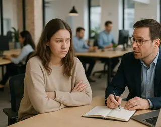 Werkgever nodigt zieke werknemer uit voor een gesprek over terugkeer naar werk, zonder betrokkenheid van een arbodienst. De werknemer kijkt terughoudend. Geen teksten zichtbaar. Het speelt zich af op kantoor. Je ziet andere werknemers werkzaam op kantoor