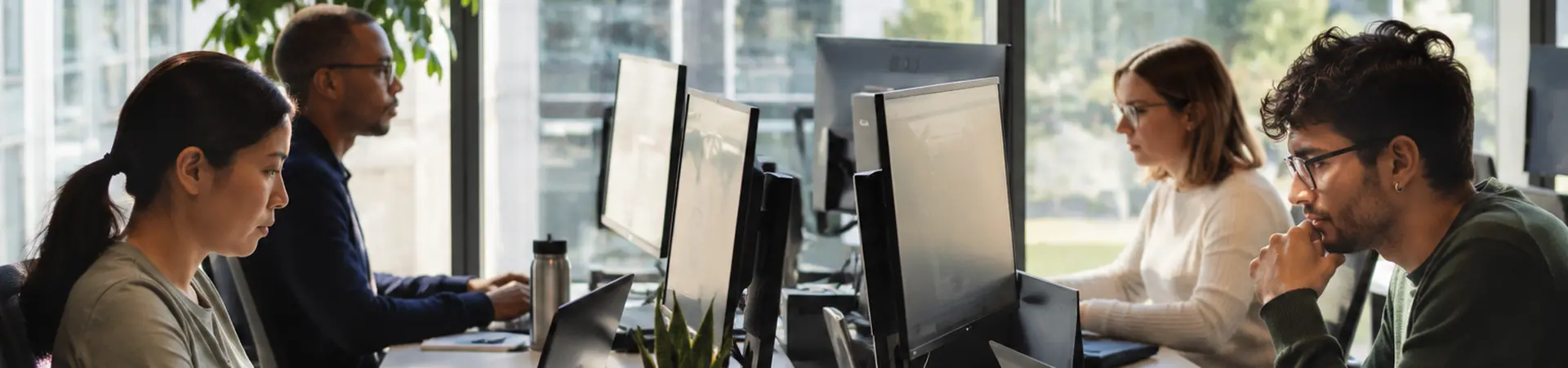 Employees working at desks with laptops and monitors in a modern office, large windows and a potted plant in the background.