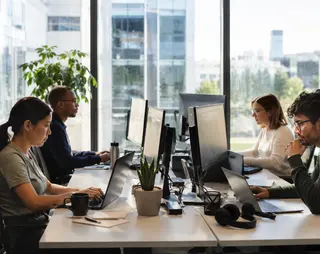Employees working at desks with laptops and monitors in a modern office, large windows and a potted plant in the background.
