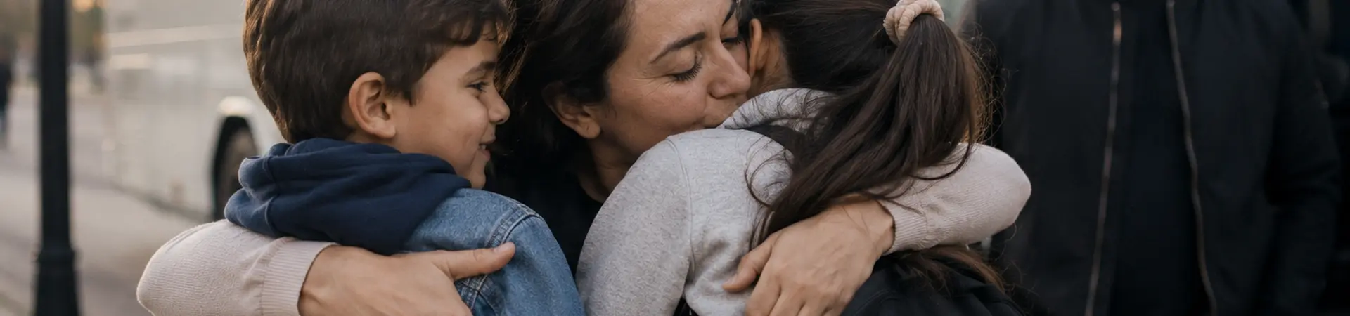 A woman hugs two children near a bus, with a man observing in the background.