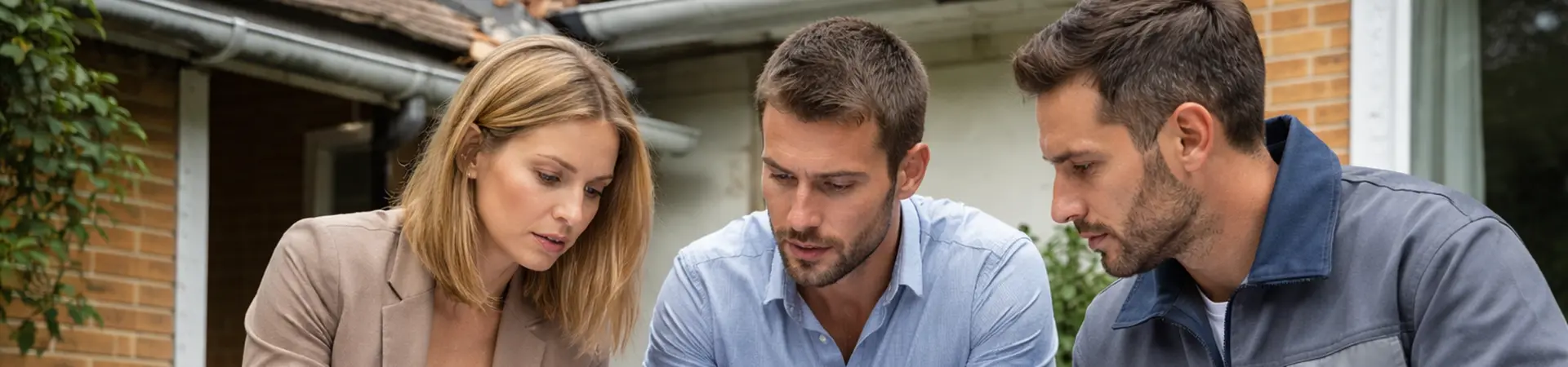 Three professionals examine documents and debris outdoors by a brick building, discussing plans and holding a clipboard and forms.