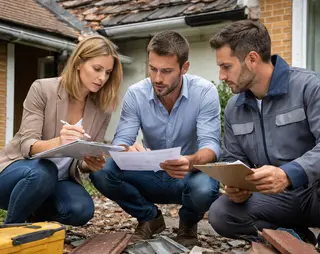 Three professionals examine documents and debris outdoors by a brick building, discussing plans and holding a clipboard and forms.