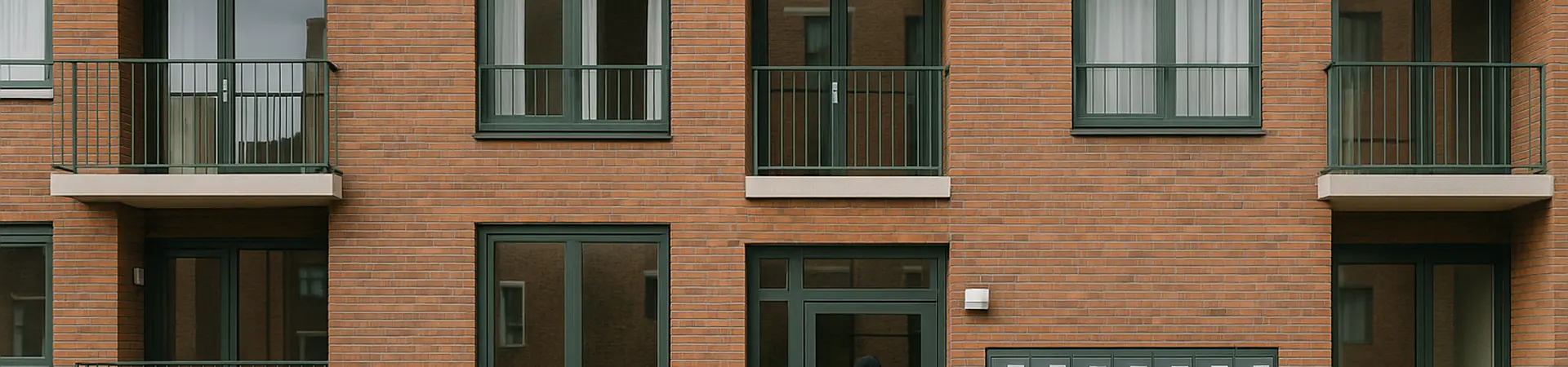 e ziet de voorkant van het appartement complex, waar ook de brievenbussen zijn. Er loopt 1 persoon naar binnen.