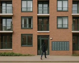 e ziet de voorkant van het appartement complex, waar ook de brievenbussen zijn. Er loopt 1 persoon naar binnen.