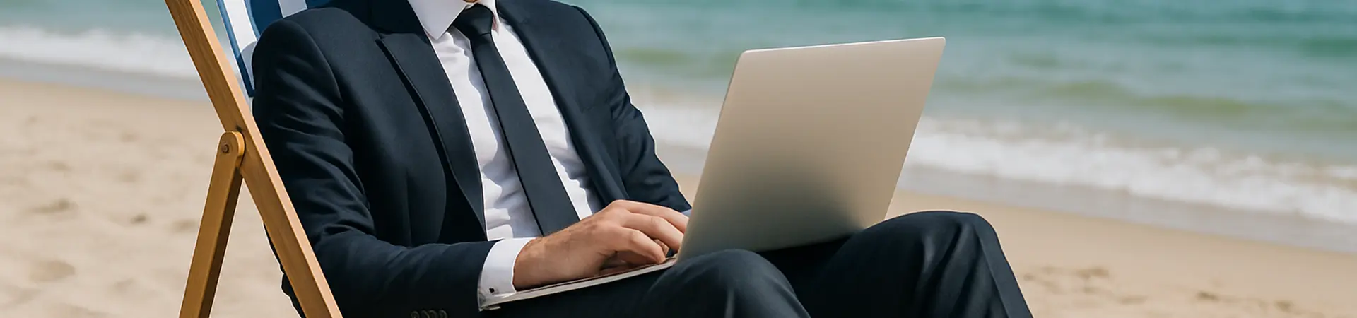 Man in pak is aan het werk op het strand