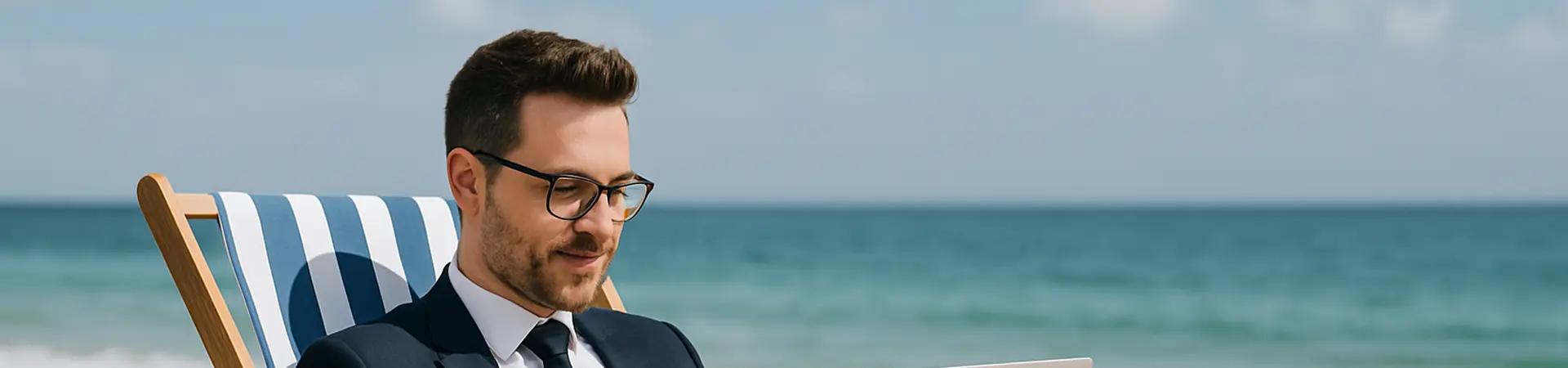 Man in pak is aan het werk op het strand