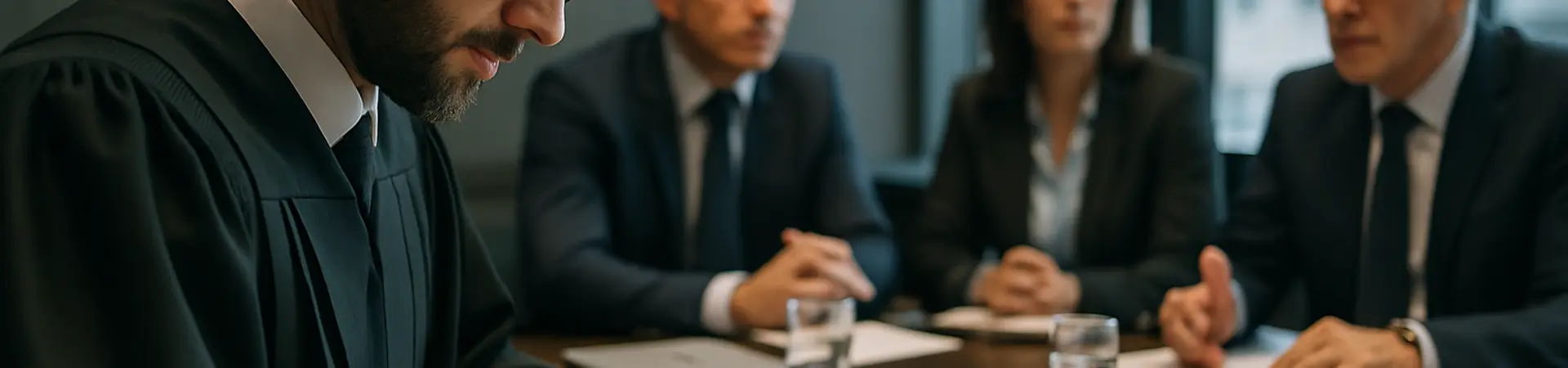 Advocaat schrijft op document, zit aan tafel met andere juristen.