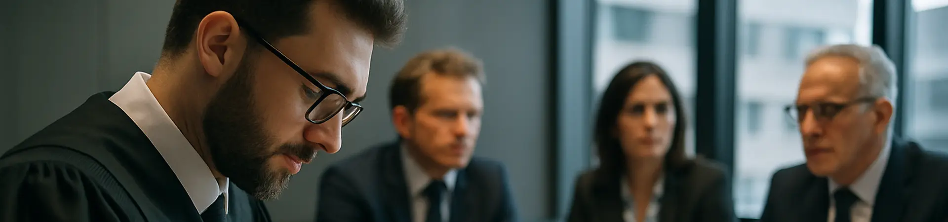 Advocaat schrijft op document, zit aan tafel met andere juristen.