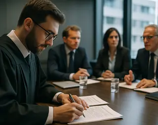 Advocaat schrijft op document, zit aan tafel met andere juristen.