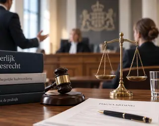 Gestapelde wetboeken, een voorzittershamer en een weegschaal op een tafel in de rechtszaal. Op de achtergrond zijn mensen met elkaar in gesprek en is een rechter zichtbaar.