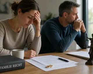 A couple sits at a table with legal documents and a gavel, appearing distressed. A book titled "Familie Recht" and scales of justice are visible.