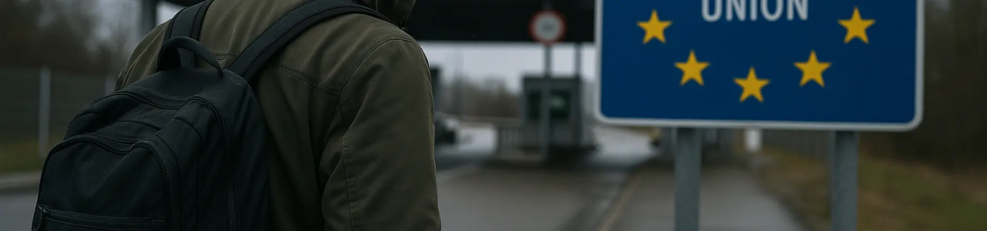 Person in a hooded jacket with a backpack stands near a European Union sign at a border crossing on a cloudy day.