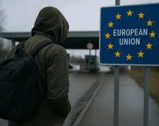 Person in a hooded jacket with a backpack stands near a European Union sign at a border crossing on a cloudy day.