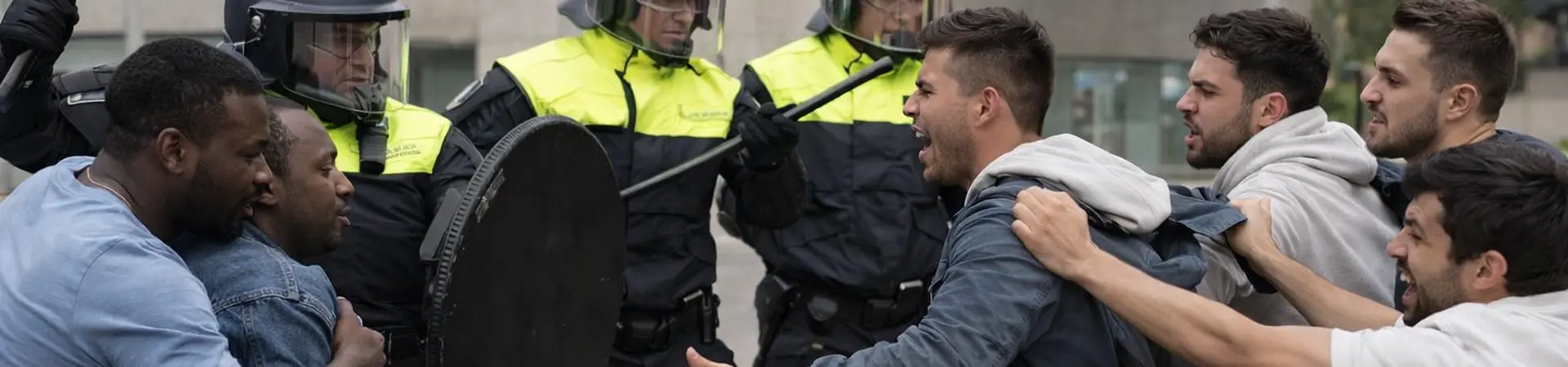 Protest scene with police in riot gear confronting a group of men. Police are holding shields and batons, while the men shout and gesture.