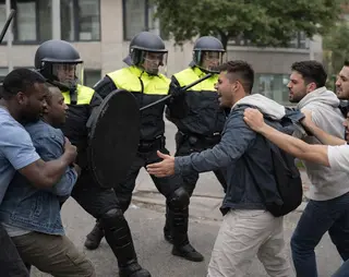 Protest scene with police in riot gear confronting a group of men. Police are holding shields and batons, while the men shout and gesture.