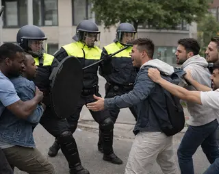 Protest scene with police in riot gear confronting a group of men. Police are holding shields and batons, while the men shout and gesture.