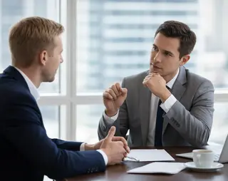 Two men in business attire engaged in a serious discussion at a table with documents, a laptop, and a cup of coffee in a bright office setting.