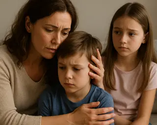 Moeder troost haar zoon en dochter leeft mee, ze zitten op de bank.
