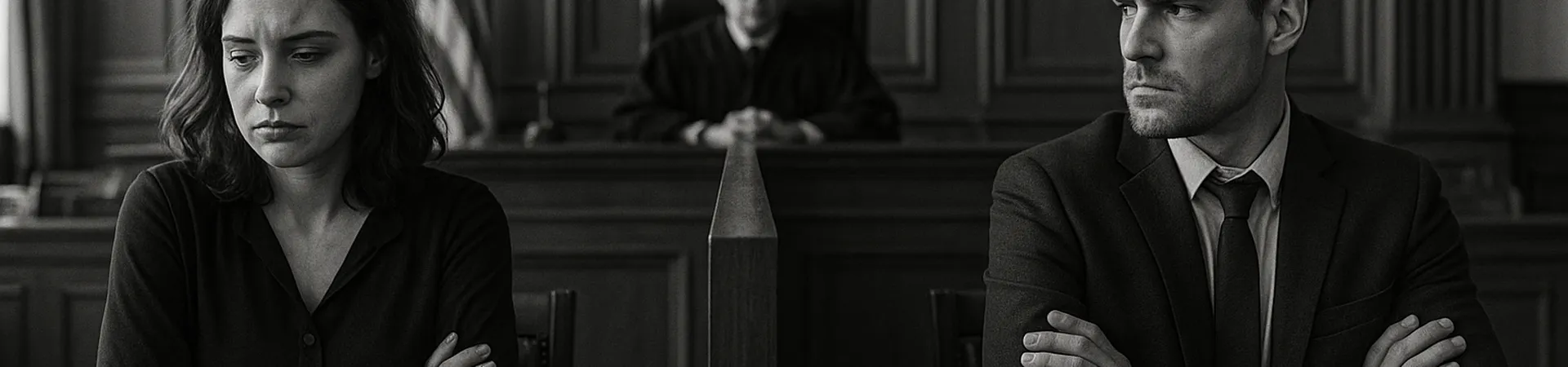 Vrouw en man zitten in rechtzaal om echtscheiding