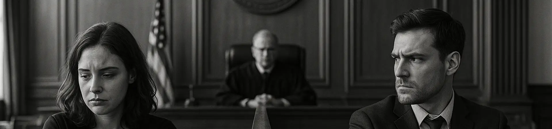 A man and woman sit at opposite tables in a courtroom, arms crossed, looking away from each other. A judge is seated in the background.