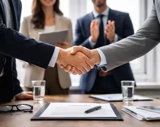 Two people in business attire shaking hands over a table with a contract, surrounded by colleagues applauding.