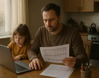 A man looks at documents while a child uses a laptop at a wooden table in a kitchen.