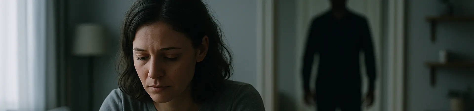 A woman sits at a table looking down, appearing thoughtful or concerned, while a shadowy figure stands in the background of a dimly lit room.