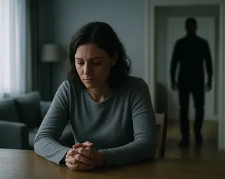 A woman sits at a table looking down, appearing thoughtful or concerned, while a shadowy figure stands in the background of a dimly lit room.