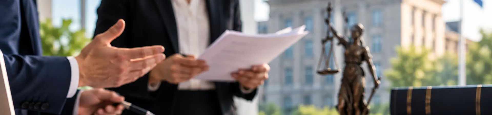 Twee advocaten in een kantoor, omringd door stapels papieren en juridische boeken, met een hamer en beeld van Vrouwe Justitia op de voorgrond.