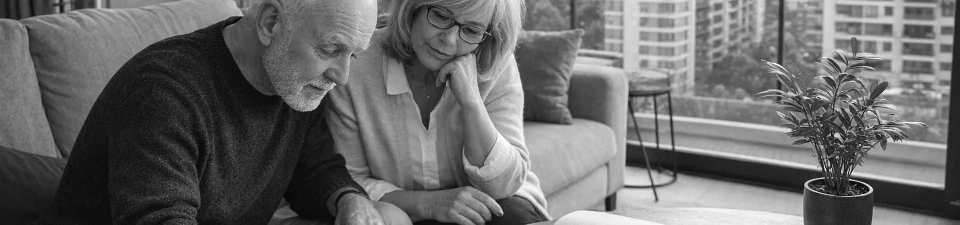 Elderly couple reviewing documents at a living room table with a city view in the background.