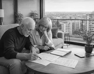 Elderly couple reviewing documents at a living room table with a city view in the background.