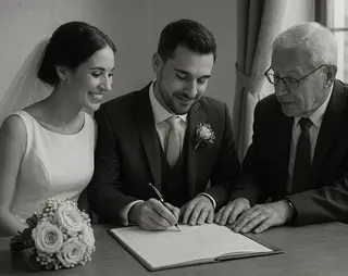 Man en vrouw tekenen huwelijkscontract bij notaris
